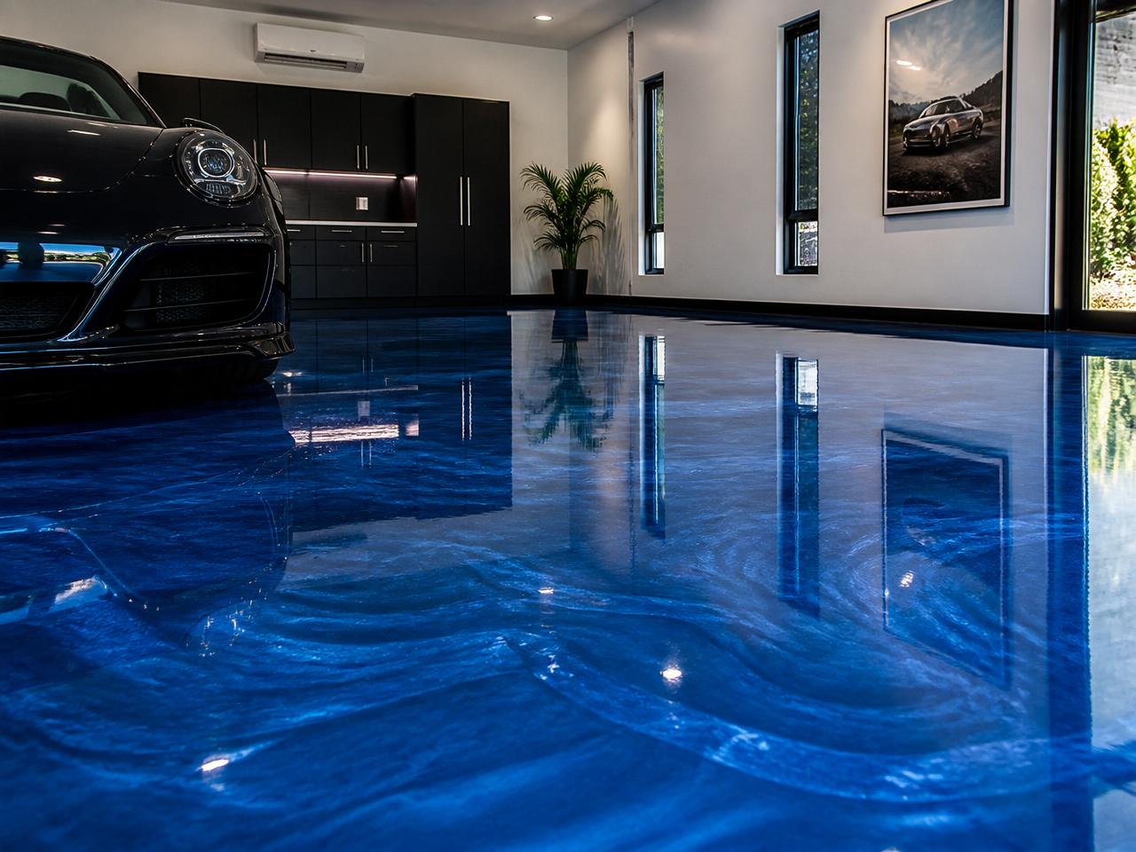 Deep blue metallic epoxy floor